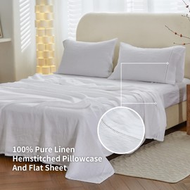 Simple&Opulence 100% Linen Hollow Hemstitch Sheet Set -4 Pieces European Flax Pure Washed Bed Sheets (1 Flat Sheet, 1 Fitted Sheet,2 Pillowcases) -Breathable and Soft (Hemstitch White, King)
