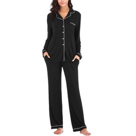 Aamikast Button Down Pajamas Women 2 Piece Long Sleeve Sleepwear Sets Black L