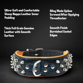 DowgClub Premium Genuine Leather Spike Dog Collar, Crocodile Pattern, Gator Design | Full Grain, Heavy Duty, Exotic, Distinguish, 2" Wide (Midnight Blue, L (Fit Neck 18.5"-22.5"))