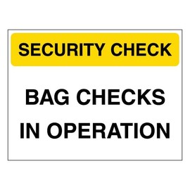 V Safety Security Check - Bag Checks In Operation - Yellow 200 x 150 mm - 1mm Rigid Plastic Safety Sign