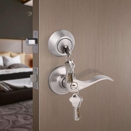 Gobrico Satin Nickel Keyed-Alike Door Levers and Single Cylinder Deadbolts Combination Sets Front Door Locksets, with Same Key, Locking Handle with Deadbolt Same Key, 2Pack