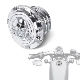 Goldfire Gas Cap Fuel Tank Oil Cap Covers 3D Skull CNC Aluminum Fit for Harley Sportster 1200 883, Softail, Road King, Iron 883 1200, Freewheeler, Forty Eight, Fat Boy, Dyna (Chrome with Black Eyes)