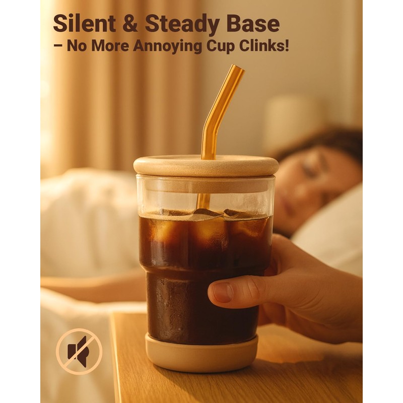 Zukro 13oz/400ml Glass Iced Coffee Cup with Bamboo Lid and