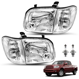 JSBOYAT Headlight Assembly Fit for 2005 2006 Toyota Tundra 4-door Double/Crew Cab 2005-2007 Sequoia Headlamps W/Corner Lights Chrome Housing Clear Reflector, Bulbs Included