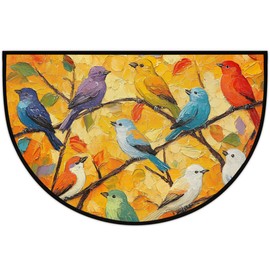 Bird Oil Painting Half Round Door Mat, Non-Slip Welcome Indoor Entrance Way Rug Semi Circle Front Doormats Washable Bathroom Kitchen Floor Mat, Outdoor Rugs for Garage, Patio, Hearth Rug