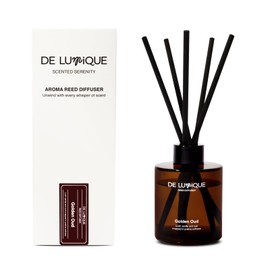 De Lumique Golden Oud Reed Diffuser – Room Scent Diffuser with Almond, Vanilla, Oud & Damask Rose – Long Lasting Home Fragrance Diffuser – Alcohol-Free Aromatherapy for Every Room – 150ml