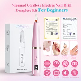 Vrenmol Cordless Nail Drill with Light: 25000RPM Adjustable Speed Portable Electric Nail Drill 600mAhm Nail File 12 Drill Bits Sanding Band for Beginner Home Nail Art Manicure Pedicure
