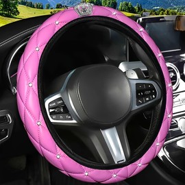 Dotesy 16 Pcs Bling Car Steering Wheel Cover Set with Crystal Seatbelt Shoulder Pads Diamond Butterfly Car Accessories for Women (Pink)