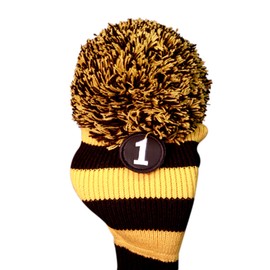 Majek #1 460cc Driver Black & Yellow Golf Headcover Knit Pom Pom Retro Classic Vintage Head Cover