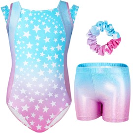 Gogokids Girls Three Piece Gymnastics Set Sleeveless Leotards with Shorts and Headband Glitter Ballet Dance Unitards - Gymnastics Outfit with Gradient Design for 3-12 Years, pink