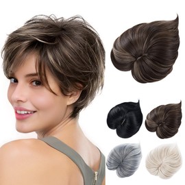 Yamel Hair Topper with Bangs 3 Clips Multi-Dimensional 7 Inches Short Synthetic Wiglets Natural Hairpieces for Thinning Hair Natural Brown mix Dark Blonde