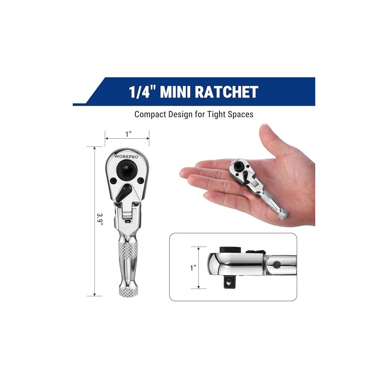 WORKPRO 1/4" Drive Stubby Ratchet, 2-In-1 Socket Wrench Flex Head