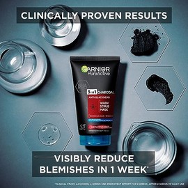 Garnier Pure Active 3in1 Charcoal Anti-Blackhead Mask Wash Scrub, for Oily Spot Prone Skin, Enriched with Salicylic Acid to Purify, Unclog Pores and M