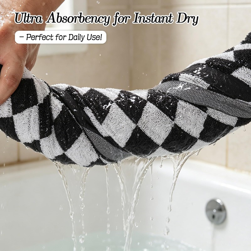 ZHIHEYC 2 PCS Black and White Checkered Bath Towels Set,