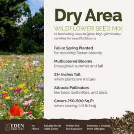 Eden Brothers Dry Area Wildflower Mixed Seeds for Planting, 1/4 lb, 120,000+ Seeds with Cosmos, African Daisy, Blue Flax | Attracts Pollinators, Plant in Spring or Fall, Zones 3, 4, 5, 6, 7, 8, 9, 10