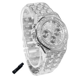 Genkigold Diamond Watch for Teenage Boys - 38mm Roman Numerals Octagonal Dial - 18K Real Gold/Platinum Plated 19.5cm Bracelet - Includes Tools - Can be Combined with Cuban Chain, platinum watch