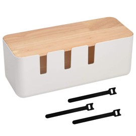 Cable Box White Cable Management Box with Wooden Lid 30.2 x 12.5 x 11.5 cm Cable Organiser ABS Cable Storage Box with Rubber Feet and Velcro Fastener for Cable/Power Strips Protection and Safety