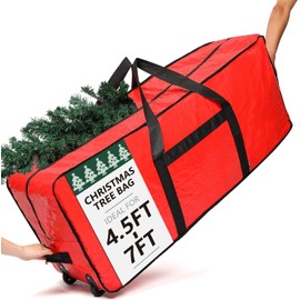 HOMEST Christmas Tree Storage Bag, Fits for 4.5-7 ft Xmas Artificials, Zippered Bag with Reinforced Carrying Handles and Wheels, Red (Bag Only)
