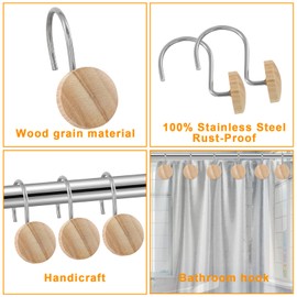 Shower Curtain Hooks, Wood Decorative Shower Curtain Rings, Modern Round Log Shower Curtain Hangers, 12PCS Shower Hooks for Shower Curtain Rod, Bedroom, Living Room (Silvery 1)