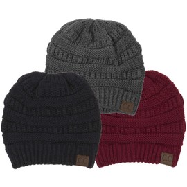 Funky Junque - Gorro de punto acanalado suave y elástico, con diseño de calavera, Paquete de 3 - Negro, Borgoña, Gris Dk Melange, One Size