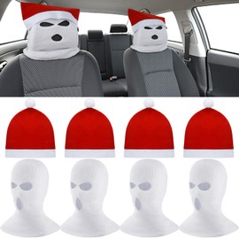 Jeere 8 Pcs Car Christmas Decorations Santa Hats for Car Seats Funny Headrest Covers for Cars Seat Full Face Mask Headrest Protector Interior Accessories Christmas Decor for Most Car Headrests