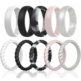 Saco Band Silicone Ring Wedding Band for Women - 10 Pack Ring Set (Black, Grey/Black Camo, Light Pink D, White, Pearl Silver A - Size 10.5-11 (20.60mm))