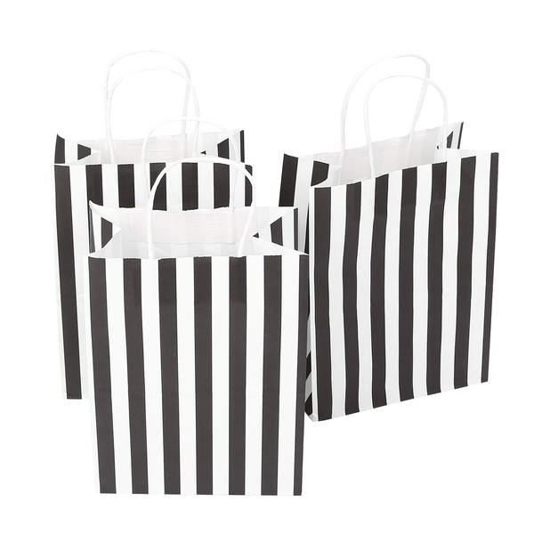 Ronvir 100pcs Gift Bags 8 x 4.75 x10.5 Inches Black And White Gift Bags Medium Striped Paper Bags With handles For Business, Party Favor, Goodie, Shopping, Christmas, Halloween