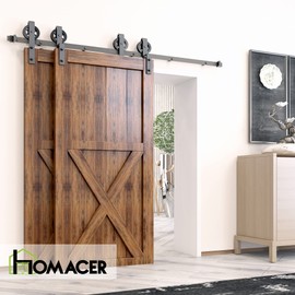 Homacer Black Rustic Single Track Bypass Sliding Barn Door Hardware Kit, for Two/Double Doors, 16ft Long Flat Track, Spoke Wheel Design Roller