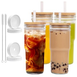 Forhaodejia Glass Cups with Lids and Straws,24 oz Smoothie Cup,Reusable Iced Coffee Cups Glass,Boba Cups,4 Pack Mason Jar Cups with Bamboo Lid and Straws