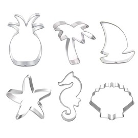 Beach Themed Cookie Cutter Set - Set of 6 - Palm Tree, Starfish, Seashell, Seahorse, Sailboat and Pineapple - in Durable Stainless Steel