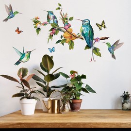 WandSticker4U® - Vintage Wall Sticker Kolibri on the Tree Branch (89 x 50 cm) I Wall Sticker Birds on Branch Butterflies Retro I Wall Sticker Kitchen Living Room & Bedroom Bathroom Hallway Decoration