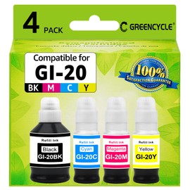 greencycle GI-20 GI20 Refill Ink Bottle Kit 4 Pack, Compatible for Canon PIXMA G6020 G7020 G5020 MegaTank Printer, 170mL Black Ink, 70mL Cyan Magenta Yellow Ink