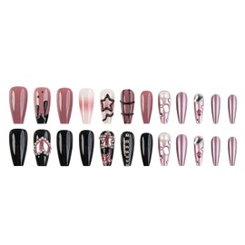 Press on Nails Long Artificial Acrylic Nails Stars Pearl and Pink Love Heart Design False Nails Ballet Shaped Fake Nails 24Pcs Full Cover Reusable Coffin Nails Glue on Nails for Women Kit