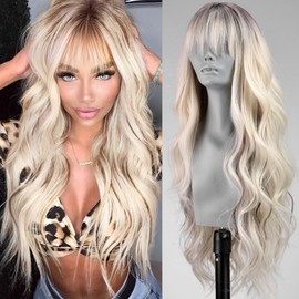 WOKESTAR Long Wavy Platinum Blonde with Dark Roots Wigs for Women, Heat Resistant Natural Hair with Neat Fringe