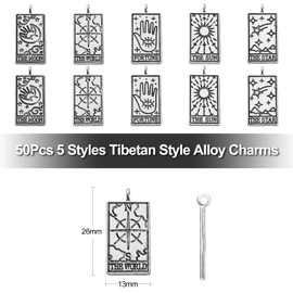 Stiesy 50Pcs 5 Styles Antique Silver Tarot Rectangle Card Charms Vintage Magic Divination Card Charms Tibetan Sun Moon Card Dangle Charms for Jewelry Making