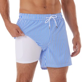BRISIRA Traje de baño para hombre, secado rápido, entrepierna de 5 pulgadas, pantalones cortos de playa con forro de compresión y bolsillo con cierre, Rayas azul y blanco, 3-6 meses