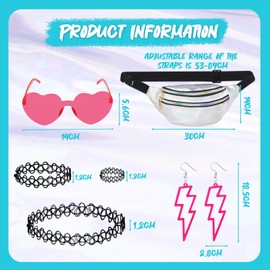 Pack of 6 80s Accessories Outfit Women, 80s 90s Costume Clothing Accessories with Bum Bag, Glasses, Necklace, Bracelets, Earrings, Ring, Neon 80s Party Outfit Women for Carnival (Silver)