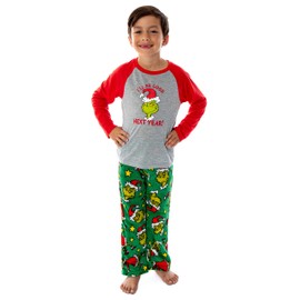 Dr. Seuss GRINCH Who Stole Christmas Unisex Kid's 2 Piece Raglan Top And Pants Pajama Sets (Large, 10/12)