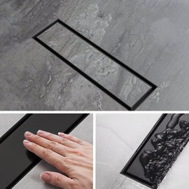 Fibetter Linear Shower Drain 12 Inch Black Rectangular Floor Drain with 2-in-1 Tile Insert Cover, Bathroom Stainless Steel Drains Easy Installing and Cleaning (CUPC Certified)