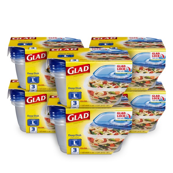 GladWare Deep Dish Food Storage Containers With Glad Lock Tight Seal, BPA Free Large Rectangle Plastic Containers Hold Up to 64 Ounces of Food, 3 Count Set | 6 Pack (18 Total)