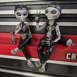 John Bernard & Company Alien Invasion Biker Babe & Biker Dude Ledge Loungers “Peace & Quiet” 10 INCH H Funny Home or Garden Alien Statues Biker Figurine Set (Alien Gray)