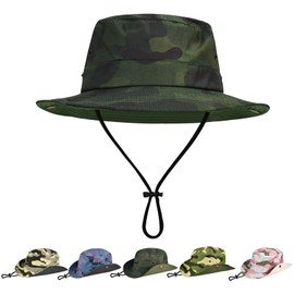 Sun Hats for Kids UPF 50+ Sun Protection Wide Brim Bucket Hat for Boys Girls Lightweight & Breathable Safari Fishing Hat Camo Dark Green