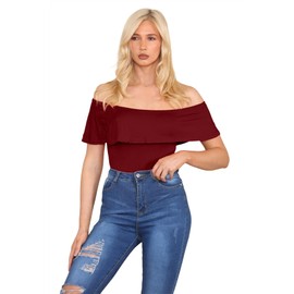 Hamishkane New Ladies Plain Off The Shoulder Ruffle Frill Bardot Bodysuit Stretch Leotard Top