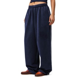 HeSaYep Women's Wide Leg Sweatpants Y2k Interior Drawstring Baggy Joggers Dancer Pants Streetwear with Pockets, Navy XS