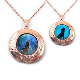 Glow in The Dark Howling Wolf Silhouette Full Moon Locket Necklace Glowing Charm (Rose Gold)