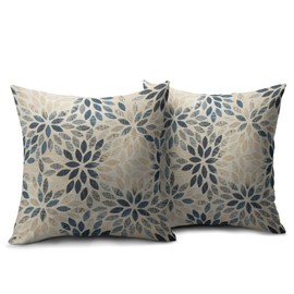 Navy Blue Beige Dahlia Pillow Covers 18x18 Set of 2 Rustic Geometric Flower Outdoor Cream Decorative Throw Pillows Summer Floral Farmhouse Pillowcases Linen Cushion Case Decor for Home Sofa Couch Bed