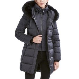 Tahari Women's Puffer Jacket with Faux Fur Trimmed Hood, Dark Slate, Medium