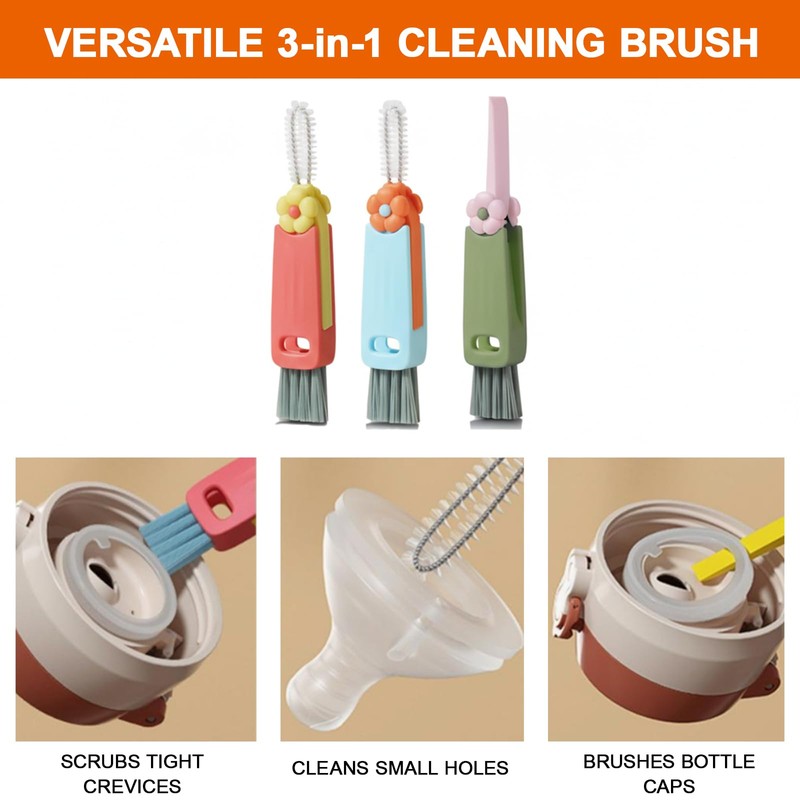 3 Pcs 3-in-1 Cup Lid Crevice Cleaning Brush, Portable Multifunctional