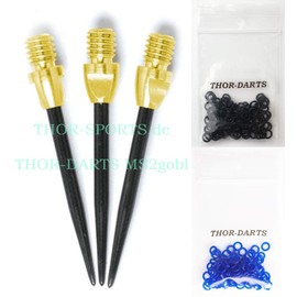 THOR-DARTS 3-6-9-12 Steel Tips for Steel Dart Gold-Black Steel Dart Tips + Rubber Rings + Flights Brands - Metal Tips (3 Pieces Gold-Black (1 Set MS2gobl), 100 Black Premium Rubber Rings)