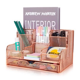 Barelove - Organizador de computadora de color oro rosa con cajón deslizante, soporte grande para lápices de malla para computadora de oficina,...    